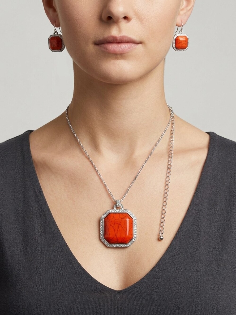 Necklace & Earring Set Orange Faux Stone SilverTone Dangle